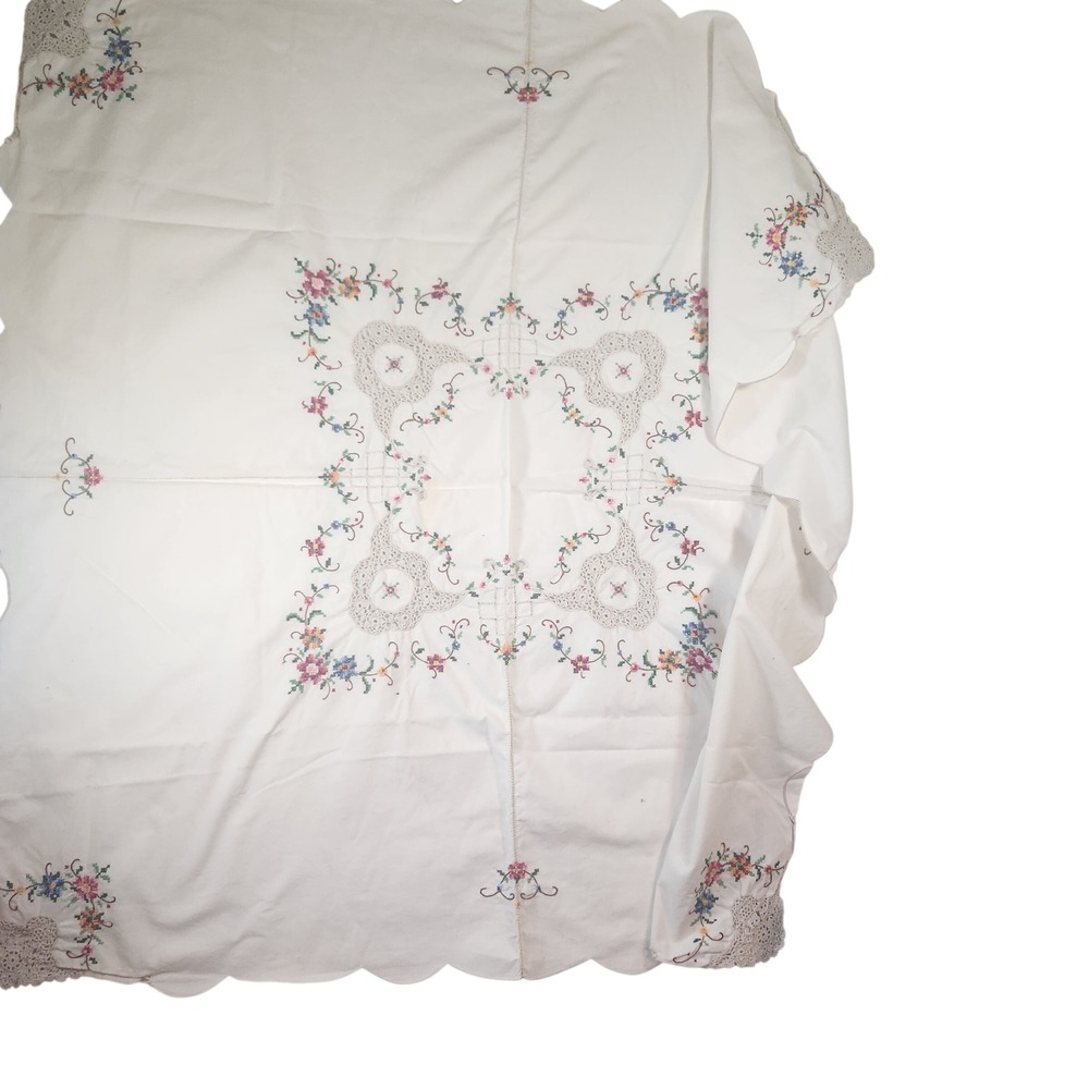 Vintage Floral Cross Stitch Tablecloth White Cotton Crochet Lace Trim 38x38